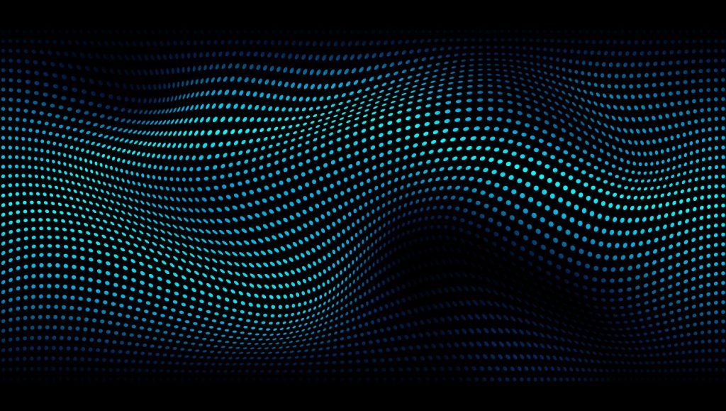 A digital abstract image featuring a wave-like pattern of blue and turquoise dots on a black background evokes the dynamic spirit of Uniti Wholesale, embodying their commitment to culture and relentless leadership, creating a sense of motion and depth.