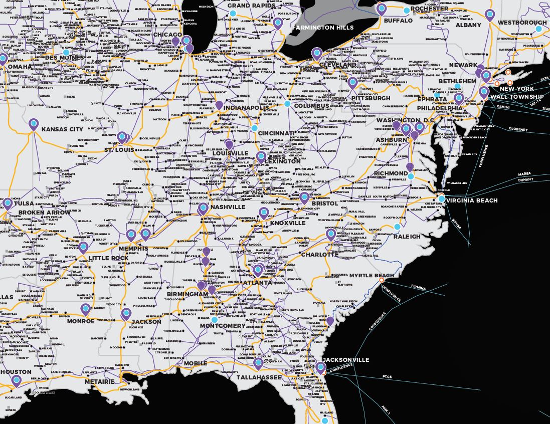 A detailed map of the eastern United States highlights major cities like New York, Atlanta, and Miami. Highways and state borders are visible along Windstream Wholesale's nationwide network coverage, with labeled cities including Charlotte, Nashville, and Chicago. Coastal areas and water bodies are shown.