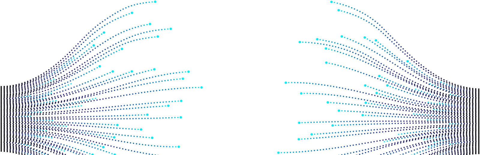 Abstract graphic with blue and teal dotted lines curving outward from the bottom left and right corners, meeting in the center against a transparent background. The design creates a symmetrical, flowing motion effect.