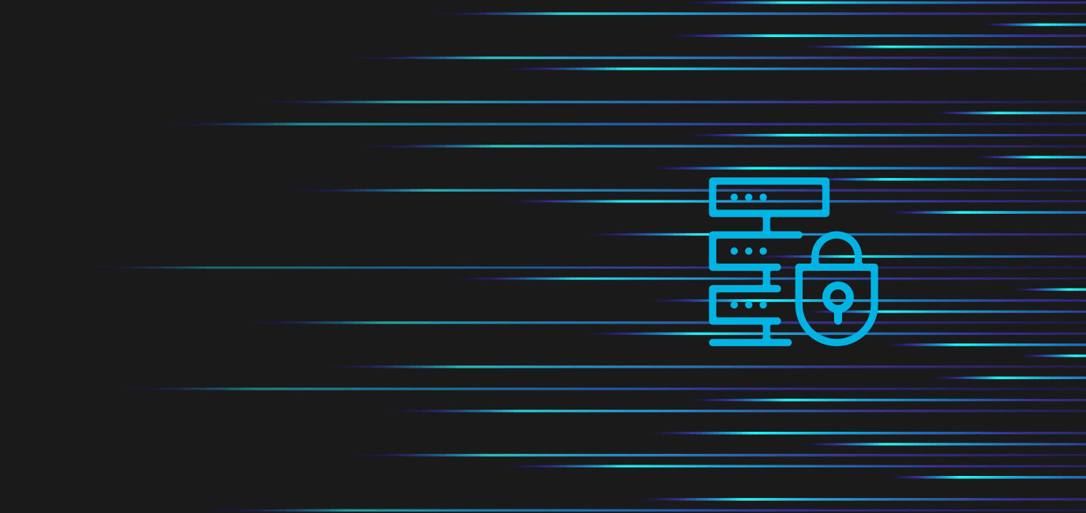 Abstract digital background with horizontal blue and teal streaks on a dark backdrop, and a blue outlined icon of network servers and a padlock symbol on the right side, representing cybersecurity.