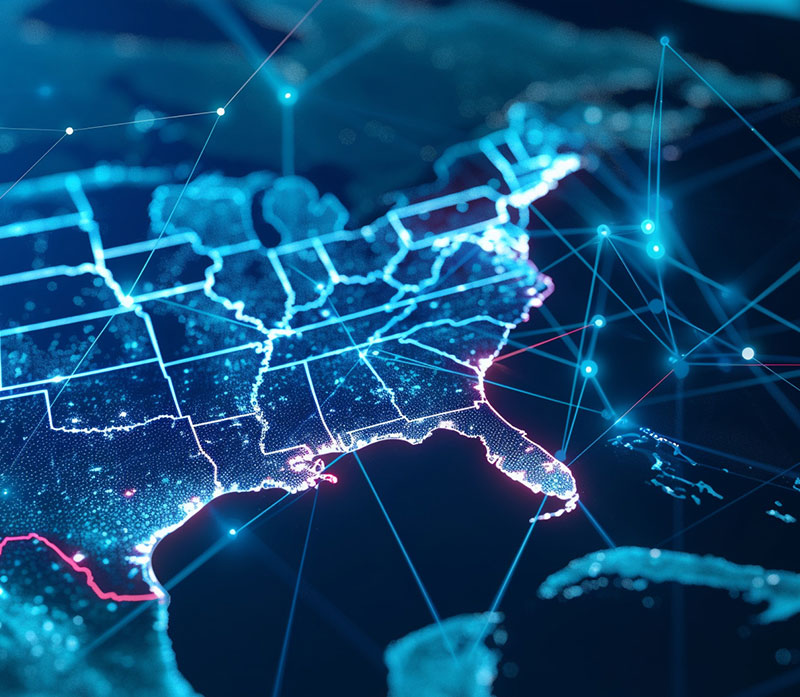 A digital map of the eastern United States with glowing borders and points connected by lines, representing data networks or digital connections across the country.