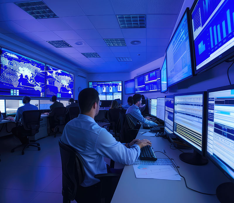 People in a control room work at computer stations with multiple monitors displaying data, graphs, and a world map, all illuminated by blue lighting. The atmosphere suggests cybersecurity or network monitoring.