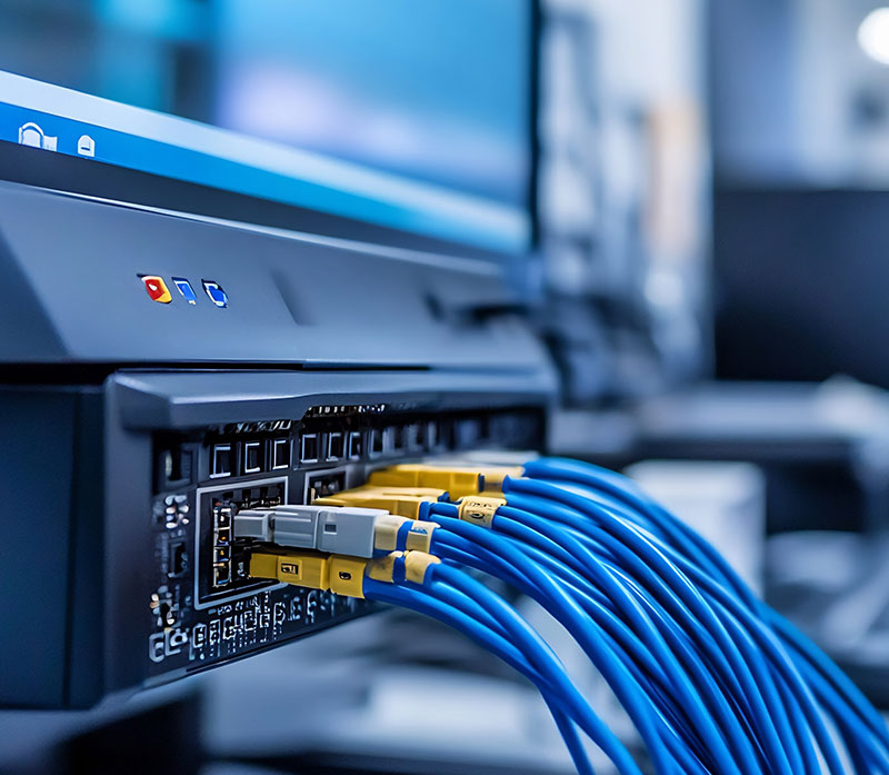 Close-up of multiple blue network cables plugged into the back of a server or network switch, with a computer monitor and blurred technical equipment visible in the background.
