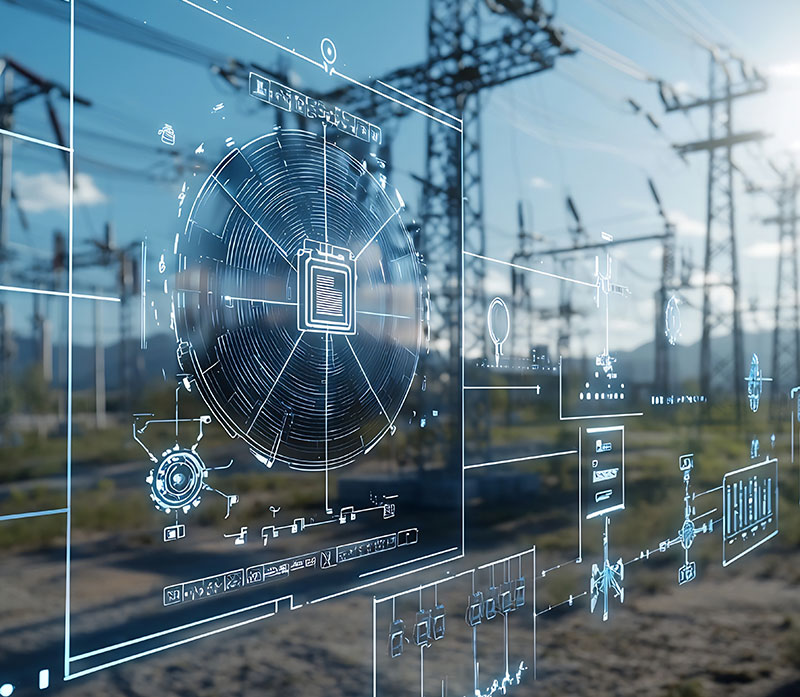A digital interface with circular technical diagrams and data overlays a blurred outdoor power substation with electrical towers and wires, illustrating the concept of smart grid or digital energy management.