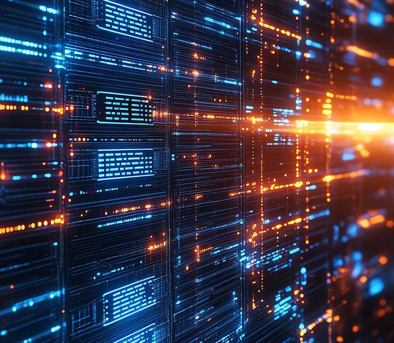 A close-up view of glowing blue and orange lights on network server racks in a dark data center, illustrating advanced technology and digital connectivity.