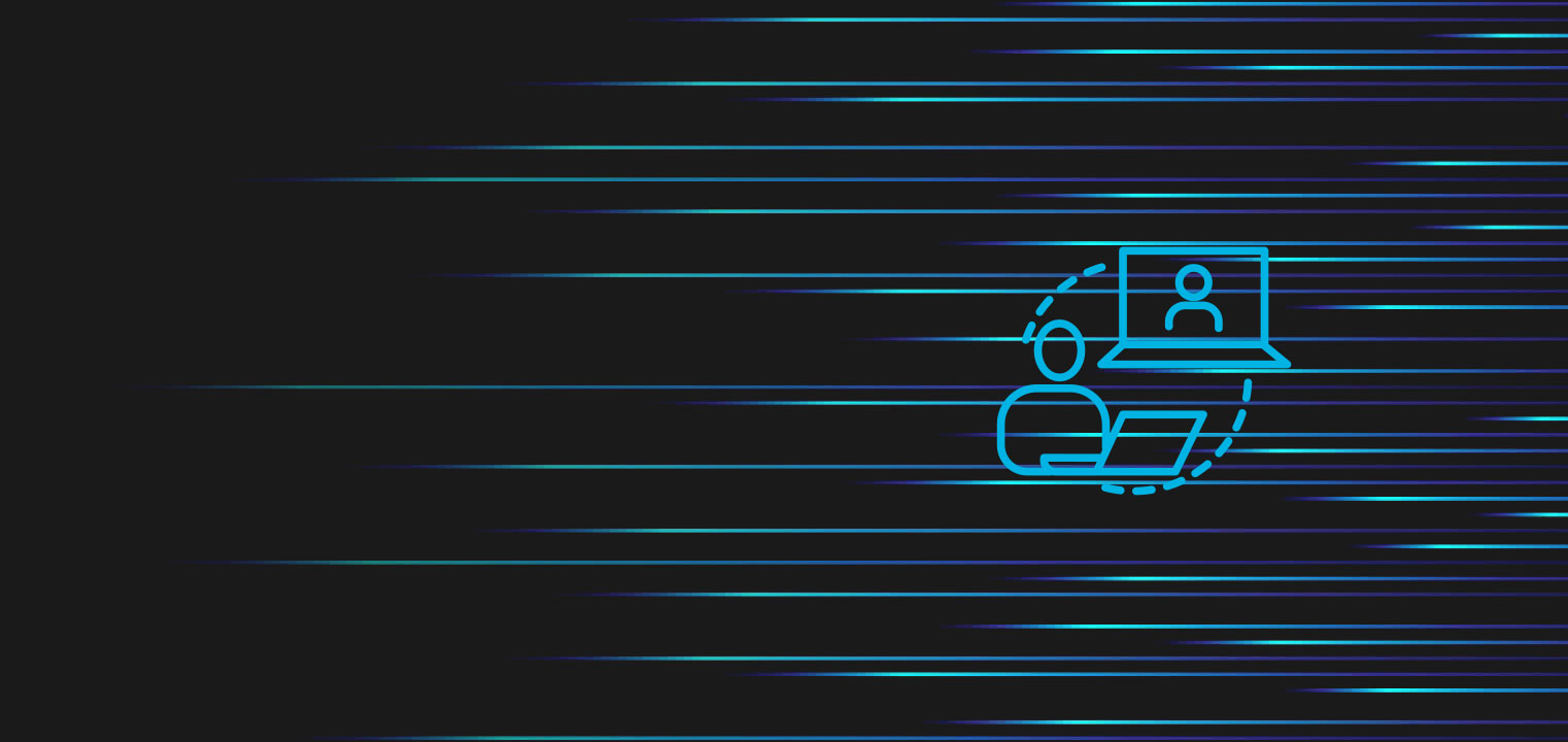 Abstract illustration with horizontal blue and cyan streaks on a dark background, featuring an outlined icon of a person using a laptop and another person on a video call screen to the right.
