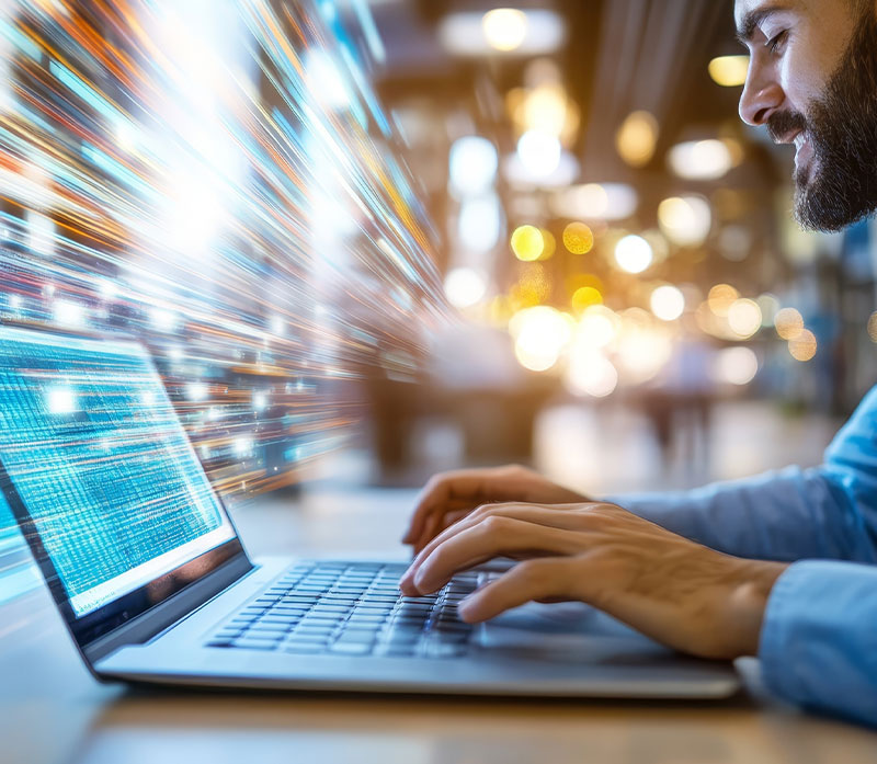 A man types on a laptop with colorful light streaks and digital data effects suggesting speed, technology, or fast internet in a modern, blurred indoor setting.