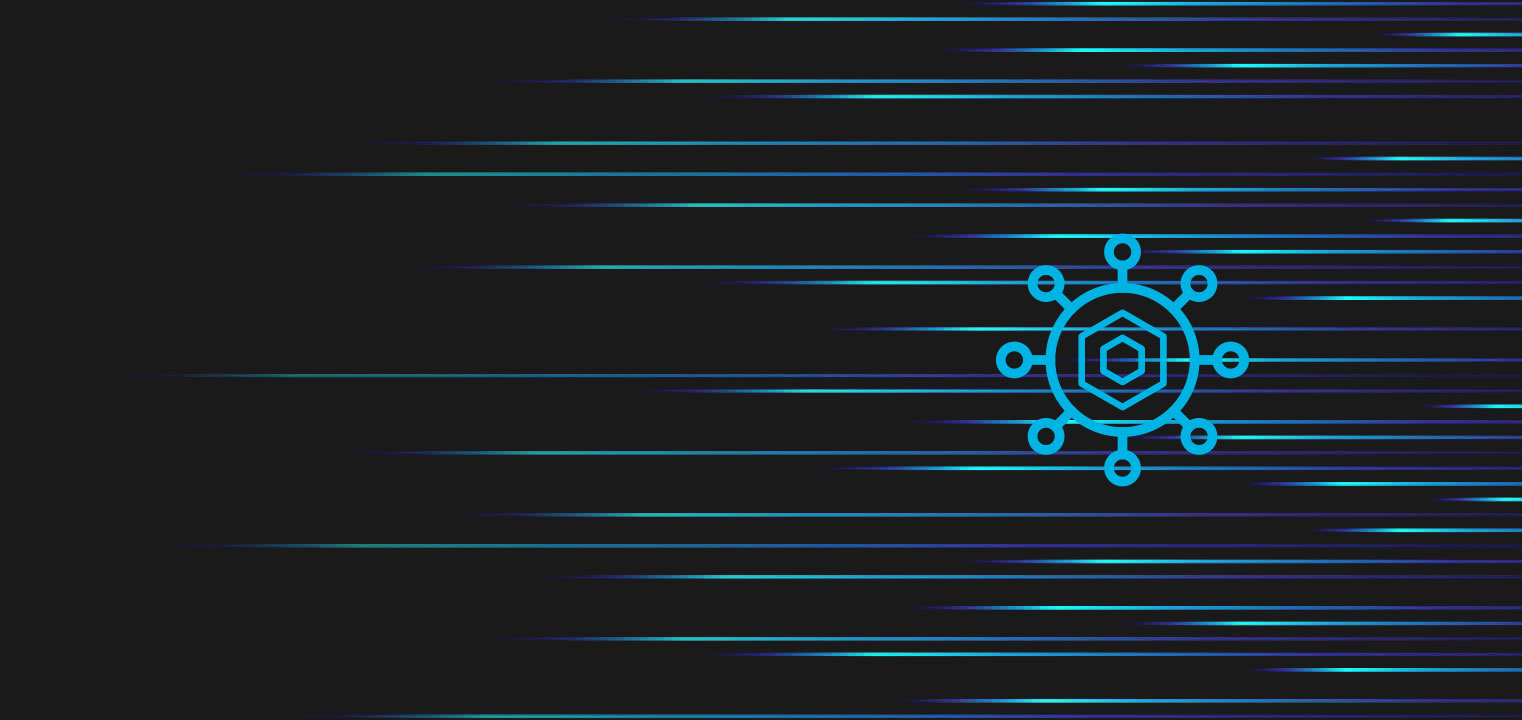 Abstract digital background with blue horizontal streaks and a geometric circular design on the right against a dark backdrop. The lines and symbol suggest a technology or data theme.