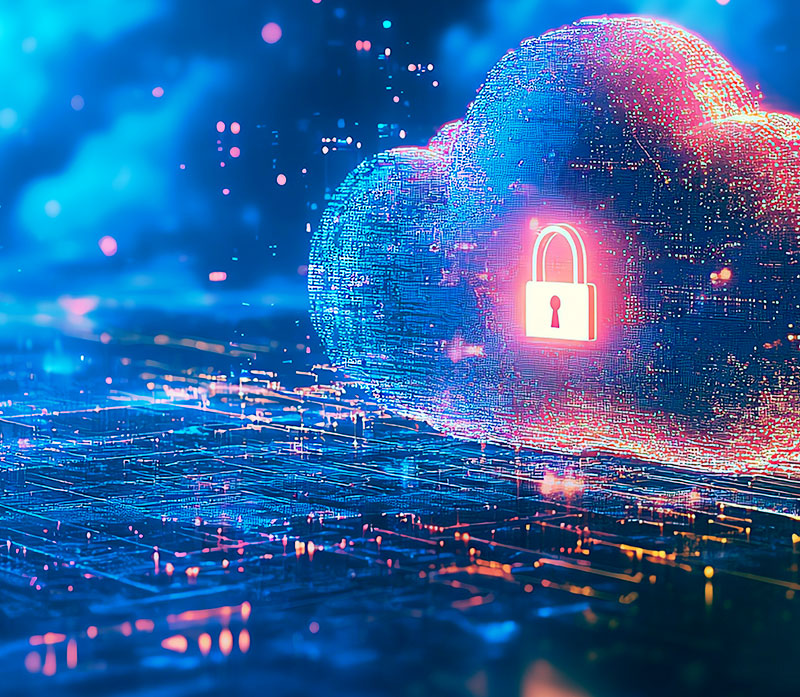A glowing digital cloud with a padlock symbol floats above a circuit board, representing cloud data security and protection in a futuristic, technology-themed setting.