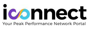 Logo for "iconnect" with a stylized “o” formed by intertwined purple and yellow lines and a blue swirl. Below, it says "Your Peak Performance Network Portal.