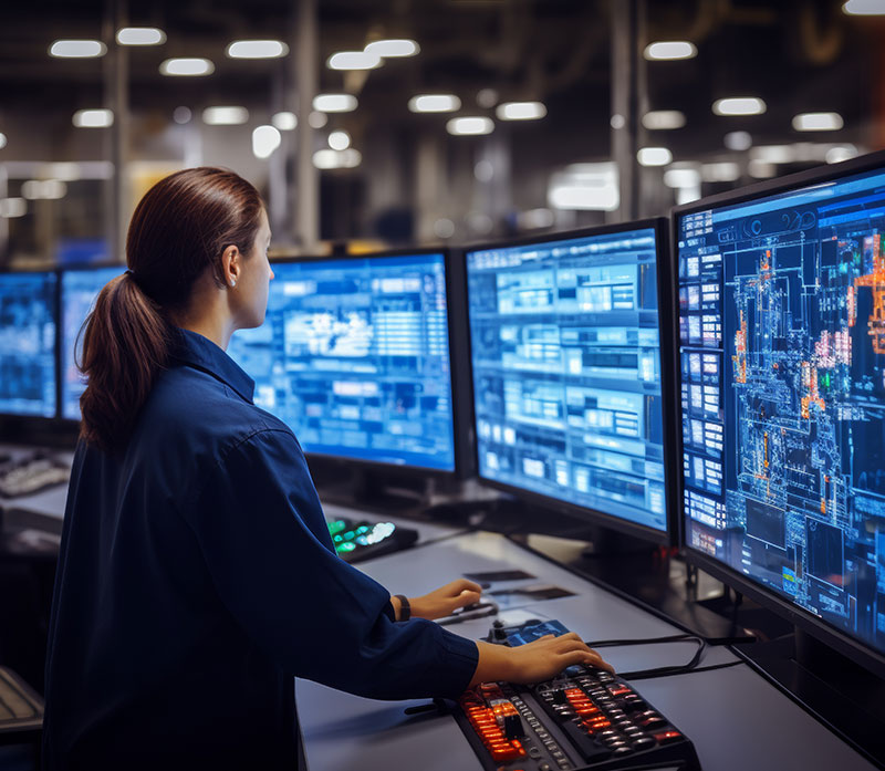 A woman in a control room operates multiple large computer monitors displaying complex data, charts, and technical diagrams, suggesting a high-tech or industrial monitoring environment.